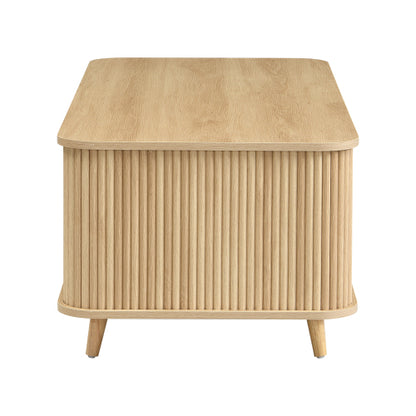 Mid-Century Modern Natural Wood Coffee Table with Tambour Doors & Multi Storage Compartments