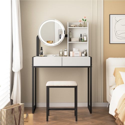 White & Black Vanity Desk with LED Mirror, 3 Light Modes, Outlet, Drawer & Stool