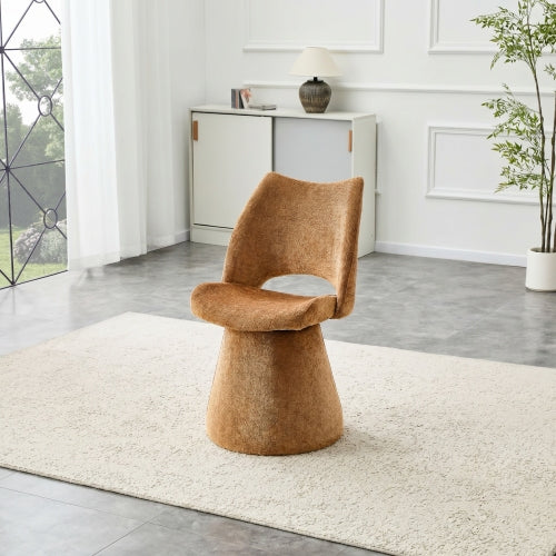 Single Brown Chenille 360° Swivel Hollow Back Accent Chair, Heavy-Duty Metal Base Ergonomic Vanity Chair