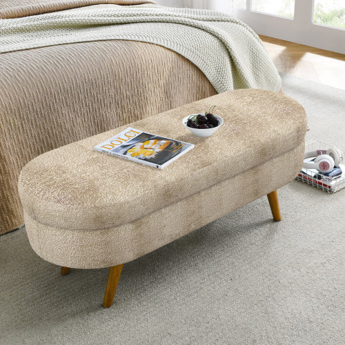 Ottoman Oval Storage Bench,Rubber Wood Legs, Gray (43.5inch x16inch x16inch )Brown