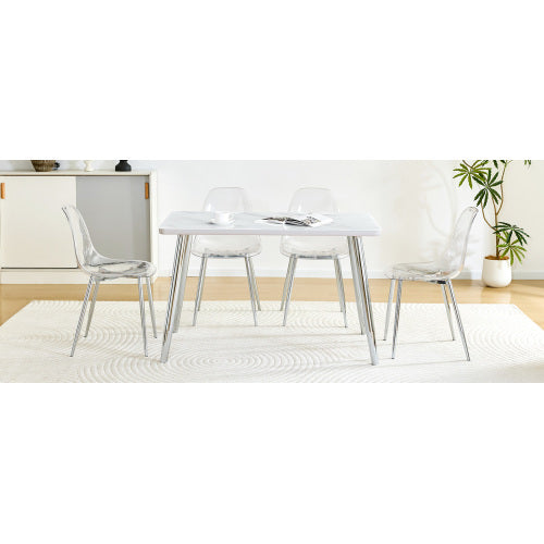 5-Piece Marble Glass Dining Set, Double-Layer Table & 4 Transparent Plastic Chairs with Silver Legs