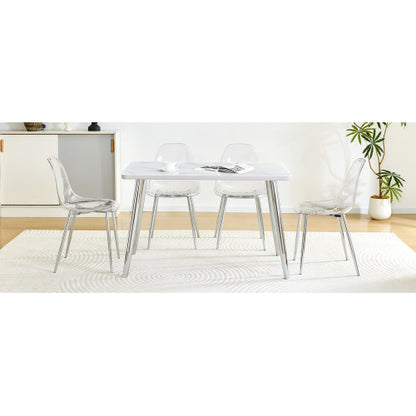 5-Piece Marble Glass Dining Set, Double-Layer Table & 4 Transparent Plastic Chairs with Silver Legs