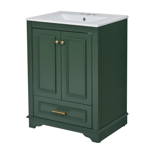 24'' Bathroom Vanity with Ceramic Sink Combo, Modern Freestanding Storage Cabinet with Silver Handles, Soft Closing Doors
