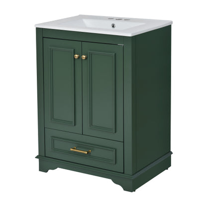 24'' Bathroom Vanity with Ceramic Sink Combo, Modern Freestanding Storage Cabinet with Silver Handles, Soft Closing Doors