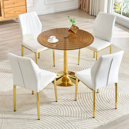 5-Piece Brown Ring Glass Round Dining Set, Gold Frame Table & 4 White PU Shell Chairs