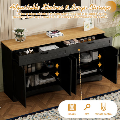Black Farmhouse Wood Grain Top TV Stand With 2 Drawers For 70 Inch TV