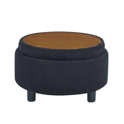 25 Inch Round Storage Ottoman, Black Tufted Fabric