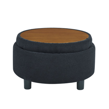 25 Inch Round Storage Ottoman, Black Tufted Fabric