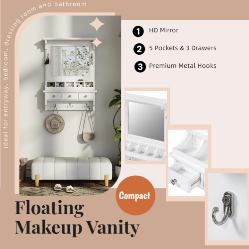 Floating Makeup Vanity with Big Mirror, Wall-Mounted Storage Vanity with Drawers, Pockets & Hooks, Space-Saving Decorative Home Organizer for Small Space, White
