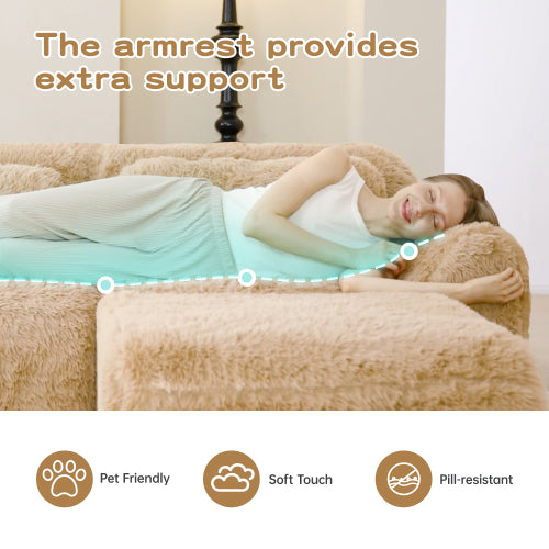 114 inch  Light-Khaki Plush Modular Sectional Sofa, Buckle Connection, No Assembly