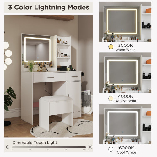 White Makeup Vanity Set with LED Mirror, Charging Station, Stool, 2 Drawers, Open Shelves & Storage Cabinet