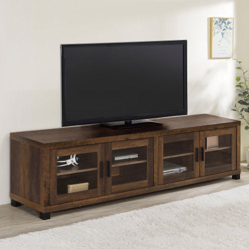 Dark Pine 79 Inch Farmhouse TV Stand with Tempered Glass Doors for TVs Up to 85 Inch