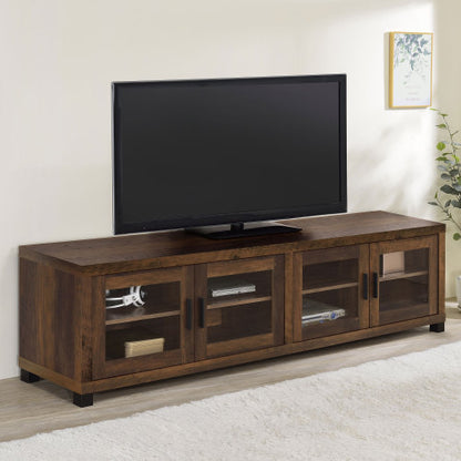 Dark Pine 79 Inch Farmhouse TV Stand with Tempered Glass Doors for TVs Up to 85 Inch