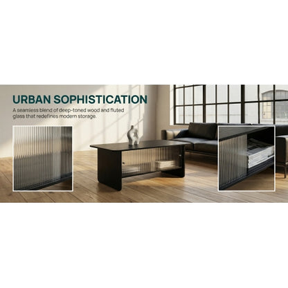 47 Inch Modern Coffee Table with Fluted Glass Sliding Doors, Black