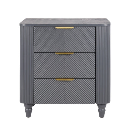 Mid-Century Fluted 3 Drawers Nightstand, Bedside Table with Curved Profile Design and Wide Gold Glossy Handles, End Table for Living Room, Bedroom, Easy Assembly, Dark Gray