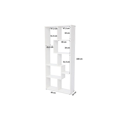 White 5-Tier Asymmetrical Staggered Display Bookshelf, Modern Geometric Space-Saving Home Storage Rack