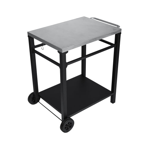 2-Tier Outdoor Grill Cart with Stainless Steel Top, Large Wheels & Tool Hooks, Movable BBQ Prep Table, Rolling Serving Bar Cart for Patio, Backyard, Pizza Oven Stand, Black
