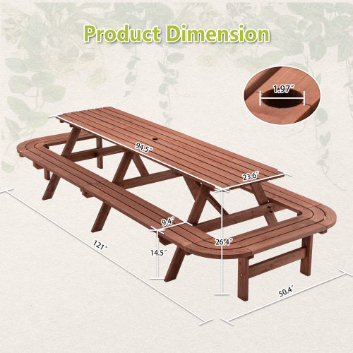Brown Picnic Table with Benches for 14-16 Persons, Nearly 8-Foot Long Outdoor Wooden Rectangle Table for Patio, Garden, Backyard, Large Outside Dining Set with Umbrella Hole