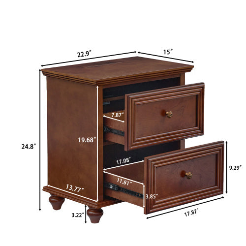 Walnut Mid-Century Nightstand, 2-Drawer Bedside Table with Charging Station & Gourd-Shaped Legs