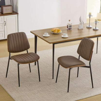 Set of 2 Mid Century Modern Faux Leather Dining Chairs with Walnut Bentwood Back and Metal Legs, Brown PU