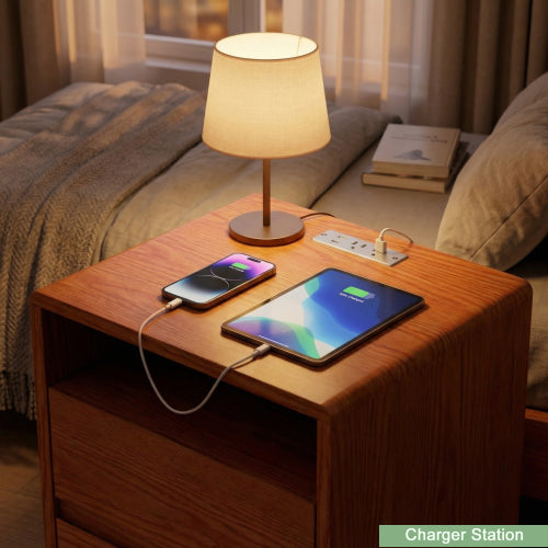 20inch Modern Nightstand with 2 Drawers And Shelves Solid Wood Night Stand with Charger Station Mid Century Bedside Table Curved Wood Side Table-Walnut