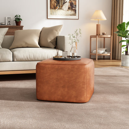 Tan PU Leather Square Ottoman with Foam Cushion and Modern Design