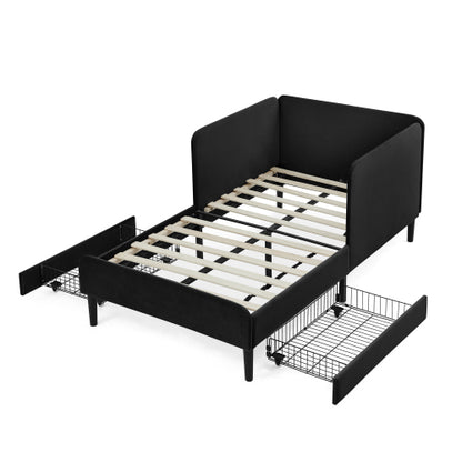 Black Twin-Size Upholstered Convertible Platform Sofa-Bed Frame with 2 Storage Drawers
