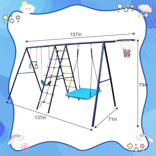 6 in 1 Swing Set With Climbing Ladder, Climbing Net, Trapeze bar, Hammock Swing, Belt Swing, Basketball hoop for Backyard