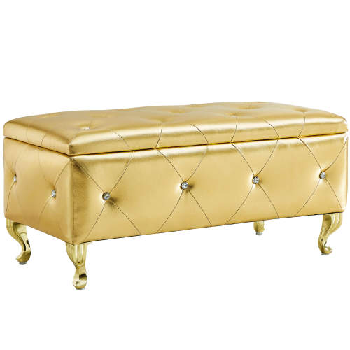 Gold Faux Leather Storage Ottoman Bench with Crystal Buttons, Metal Legs 380 LBS Capacity for Bedroom Entryway