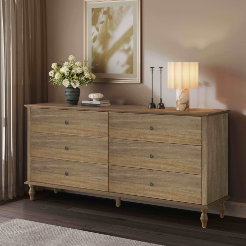 6 Drawer Double Wide Wood Dresser with Soft Close Slides & Burnt Wood Finish Brown
