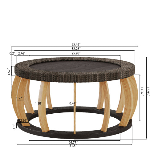 35.43inch  Vintage Rattan Round Coffee Table, Solid Wood Curved Leg Boho Table, Black Brown, 110lbs Capacity