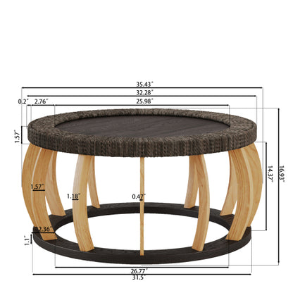 35.43inch  Vintage Rattan Round Coffee Table, Solid Wood Curved Leg Boho Table, Black Brown, 110lbs Capacity