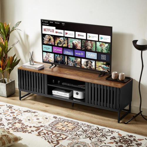 63 Inch Black MDF TV Stand Slatted Grille Doors Media Console Holds 60 Inch TV