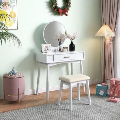 Contemporary White Wood Vanity and Stool Set, Round Mirror, Rubberwood Frame, 32.28 inch W