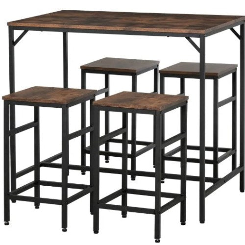 5-Piece Rustic Brown & Black Dining Set, Wood & Steel Counter Height Table with 4 Space-Saving Stools