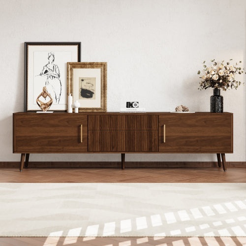 70.8 Inch Walnut Mid-Century Wood Grain TV Stand 2 Drawer Media Console Up To 80 Inch TV
