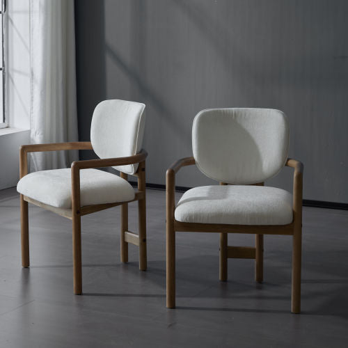 Set of 2 White Fabric King Louis Rubberwood Arm Dining Chairs, 300 LBS Weight Capacity