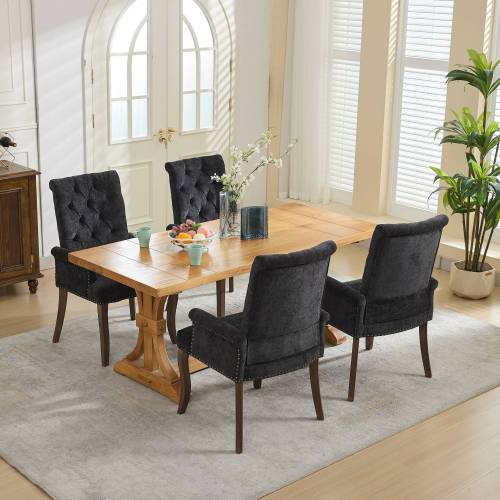 Upholstered Chenille Arm Dining Chair, Tufted Accent Chair with Curved Solid Wood Legs, Black, Single Pack