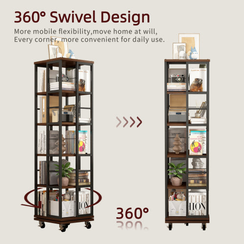 5-Tier Rotating Corner Bookcase 360¡ã Wood Display Shelf Rustic Brown