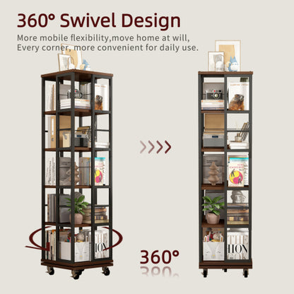 5-Tier Rotating Corner Bookcase 360¡ã Wood Display Shelf Rustic Brown