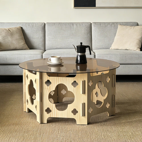 31.1inch  Round Tempered Glass Coffee Table, Floral Hollow Wood Base, Cat Nest Design