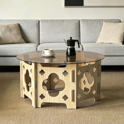 31.1inch  Round Tempered Glass Coffee Table, Floral Hollow Wood Base, Cat Nest Design