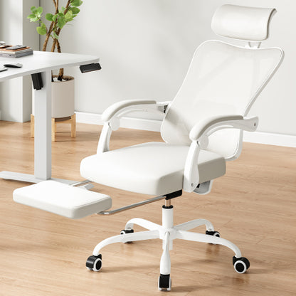 Ergonomic Office Chair with Footrest, Mesh Office Desk Chair with Headrest, High Back Computer Chair with Adjustable Lumbar Support for Home Office Study Room Bedroom, Beige