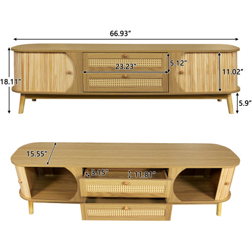 66.93 Inch Brown Farmhouse Rattan Sliding Door TV Stand Solid Wood Legs Fits 75 Inch TV