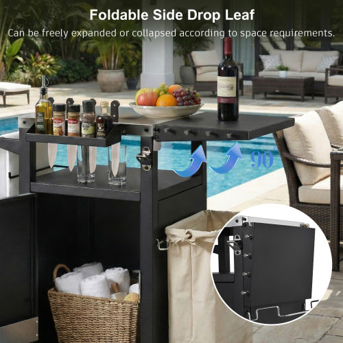 33.9 inch Outdoor Grill Cart with Drop Leaf, Outdoor Metal Bar Cart Pizza Oven Table with Wheels, Stainless Steel Top, Outdoor Kitchen Island with Storage Cabinet & Spice & Paper Rack for BBQ, Waterpr