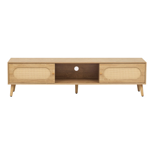 70.8 Inch Natural Wood Boho Rattan Sliding Door TV Stand Solid Wood Legs Holds 80 Inch TV