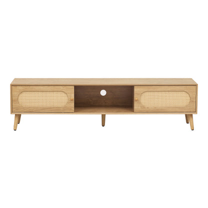 70.8 Inch Natural Wood Boho Rattan Sliding Door TV Stand Solid Wood Legs Holds 80 Inch TV
