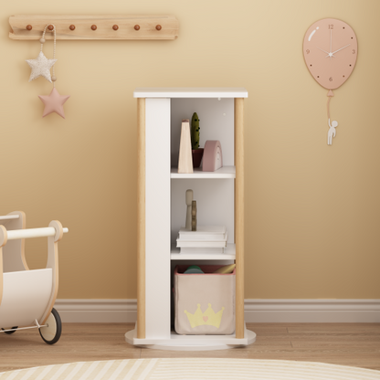 White & Natural 3-Tier 360¡ã Rotating Kids Bookshelf with Chalkboard, Toddler Toy Storage Rack 15.75¡Á15.75¡Á34.84 Inch