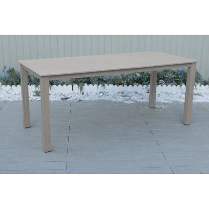 A wooden-textured imitation wood dining table, simple yet with a high quality feel. It has a small tabletop and is perfect for outdoor picnics. Light gray color, 68.9 inches long.