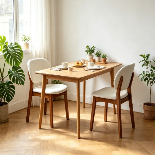 Rubberwood Dining Chairs with PU Cushions, Set of 2, Cream White/Walnut